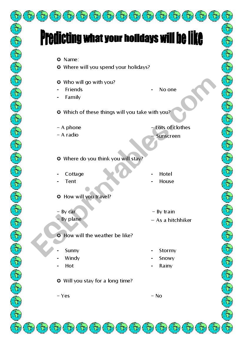 Holidays Survey worksheet