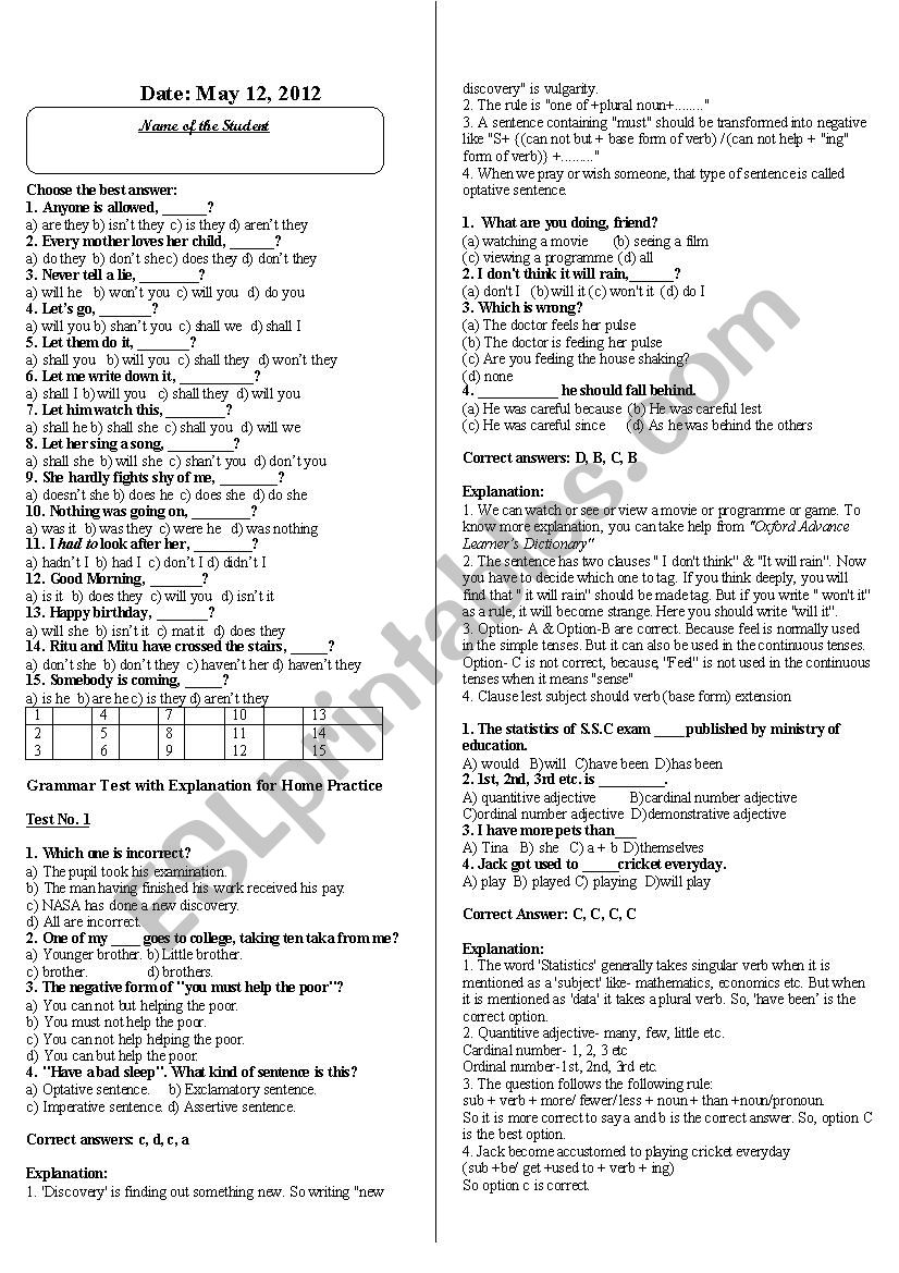 Tag Question MCQ Test worksheet