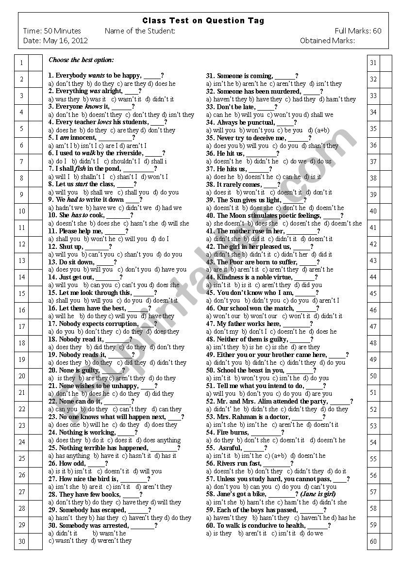 Tag Question MCQ test worksheet