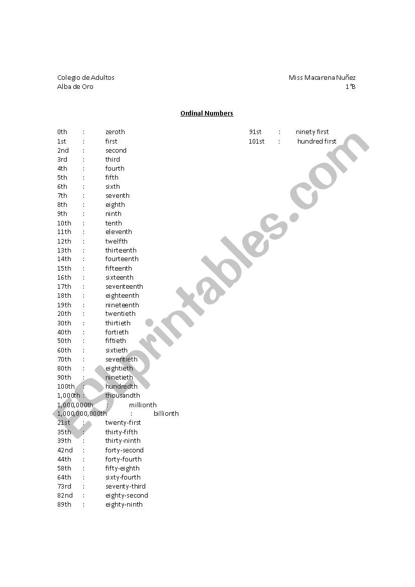 ordinal numbers  worksheet