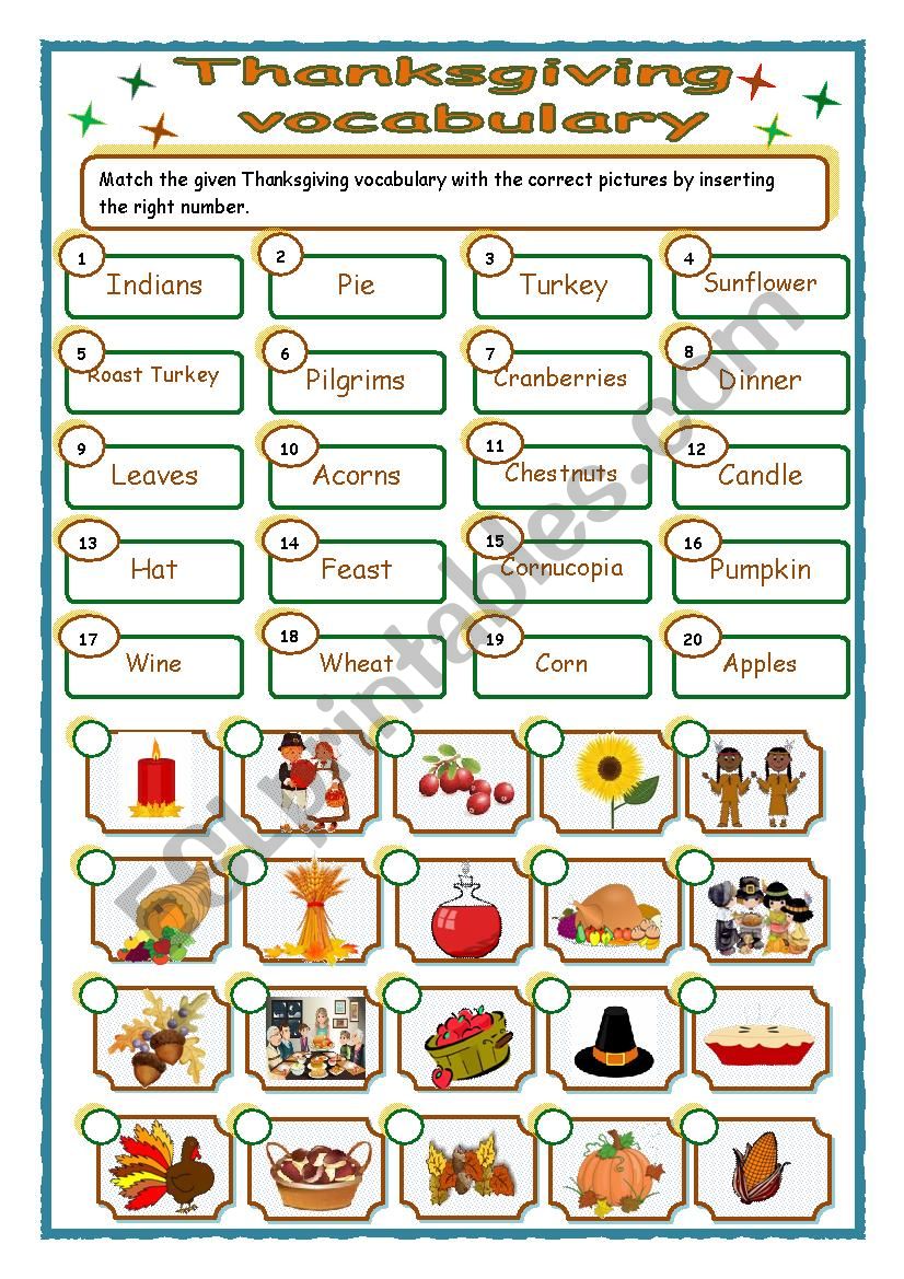 Thanksgiving - vocabulary - matching.
