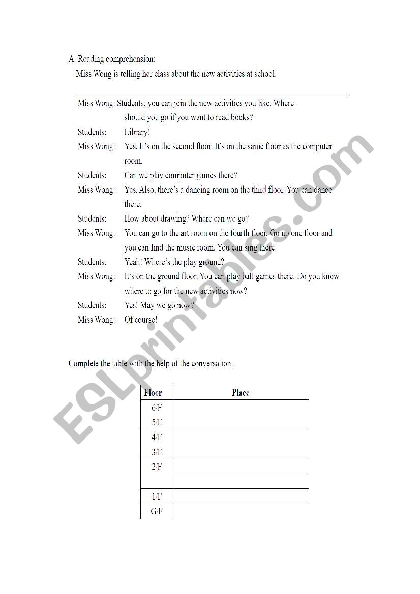 Places in your school worksheet