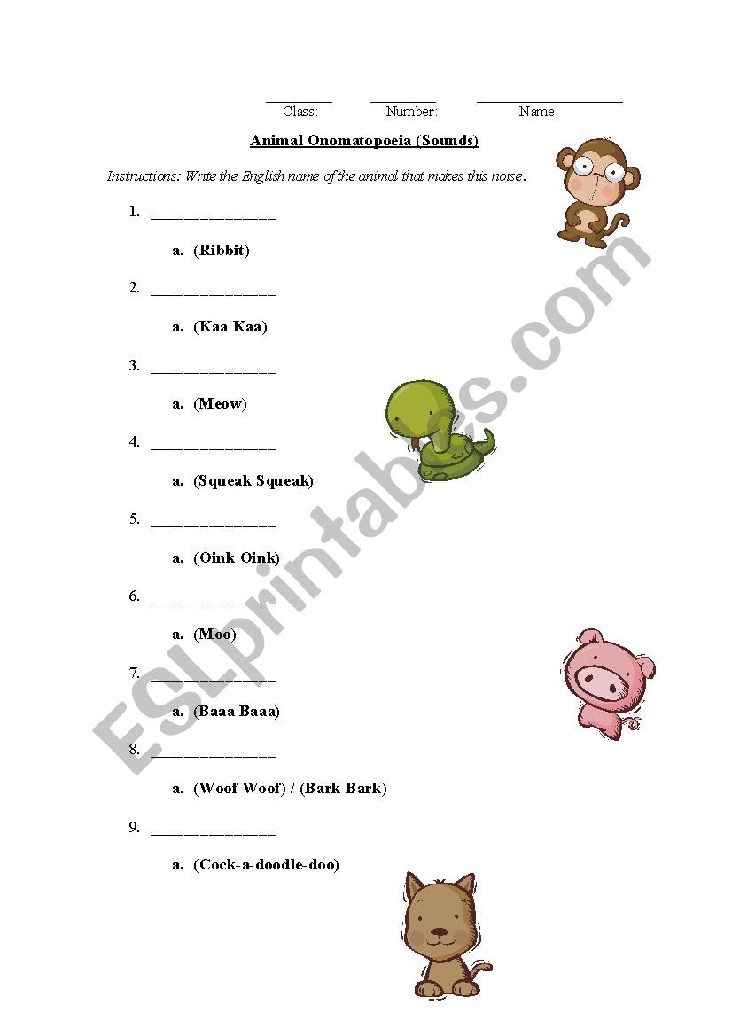 Animal onomatopoeias worksheet