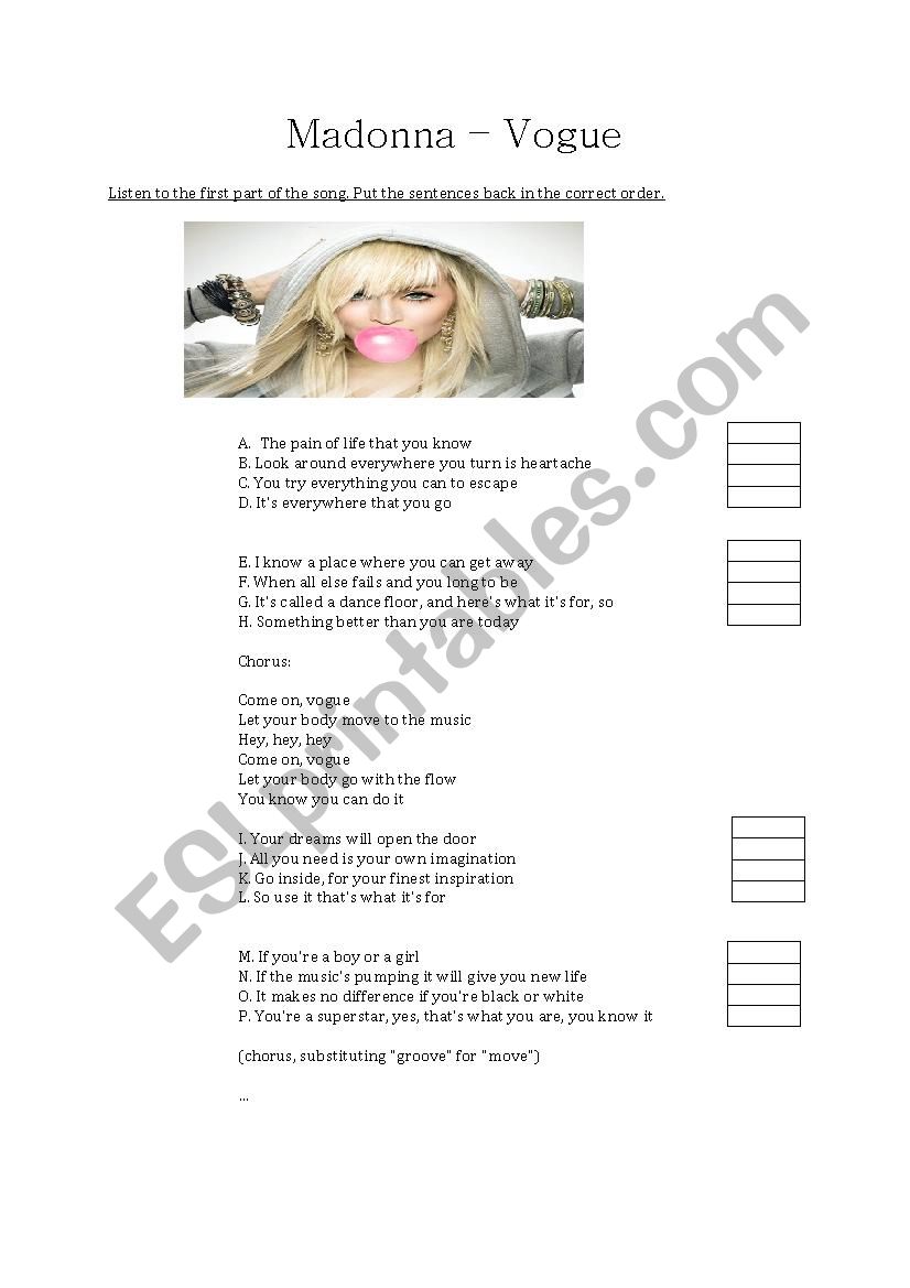 Songs fashion/money worksheet