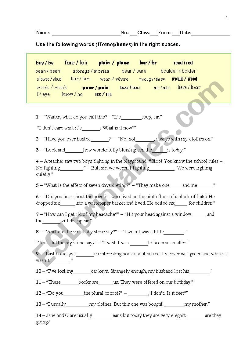 HOMOPHONES worksheet