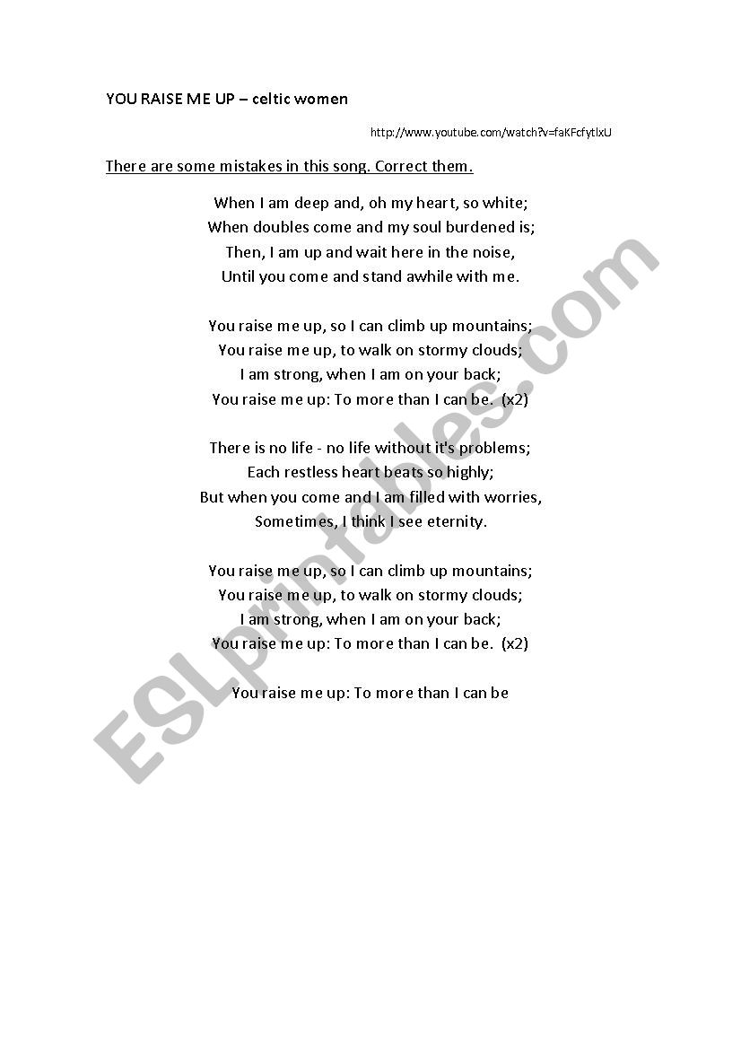 You raise me up. SONG worksheet