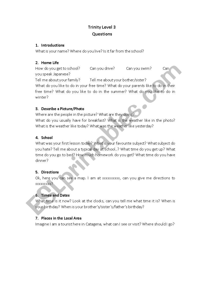 Trinity Grade 3 Questions worksheet