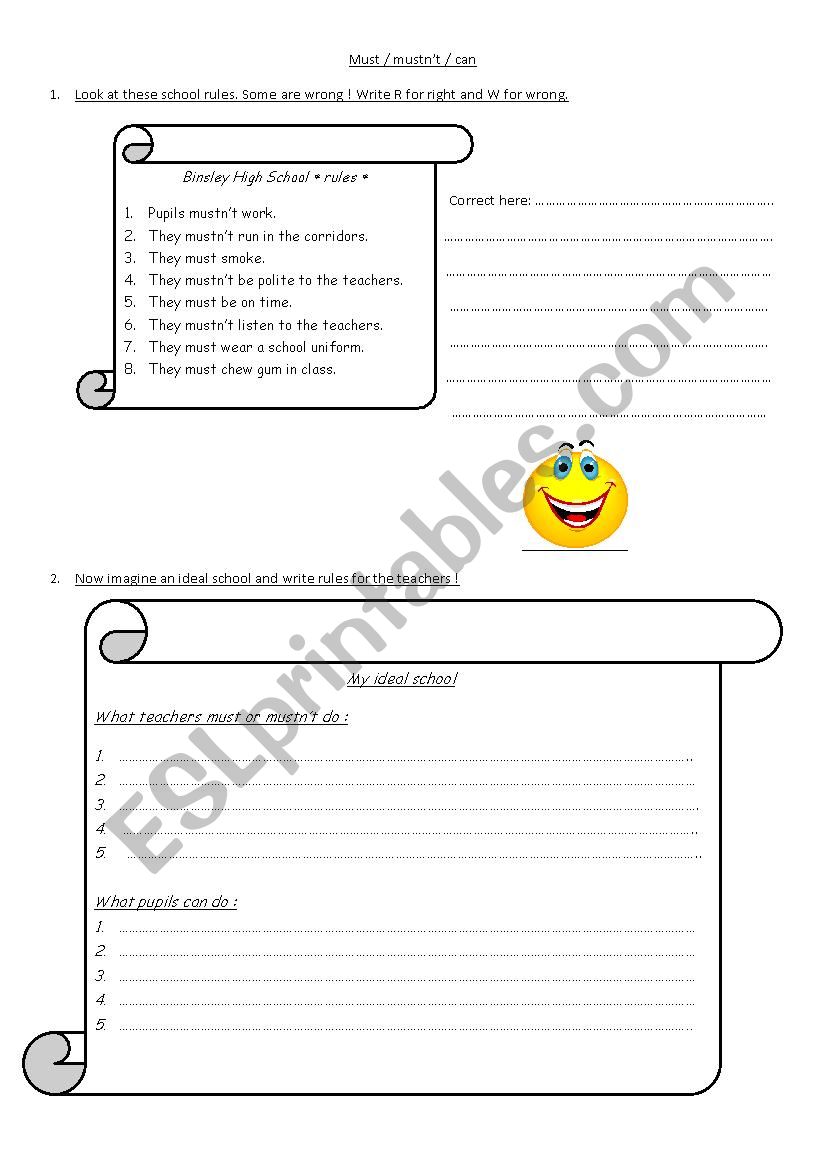 School Rules - Modals : must, musnÂ´t, can