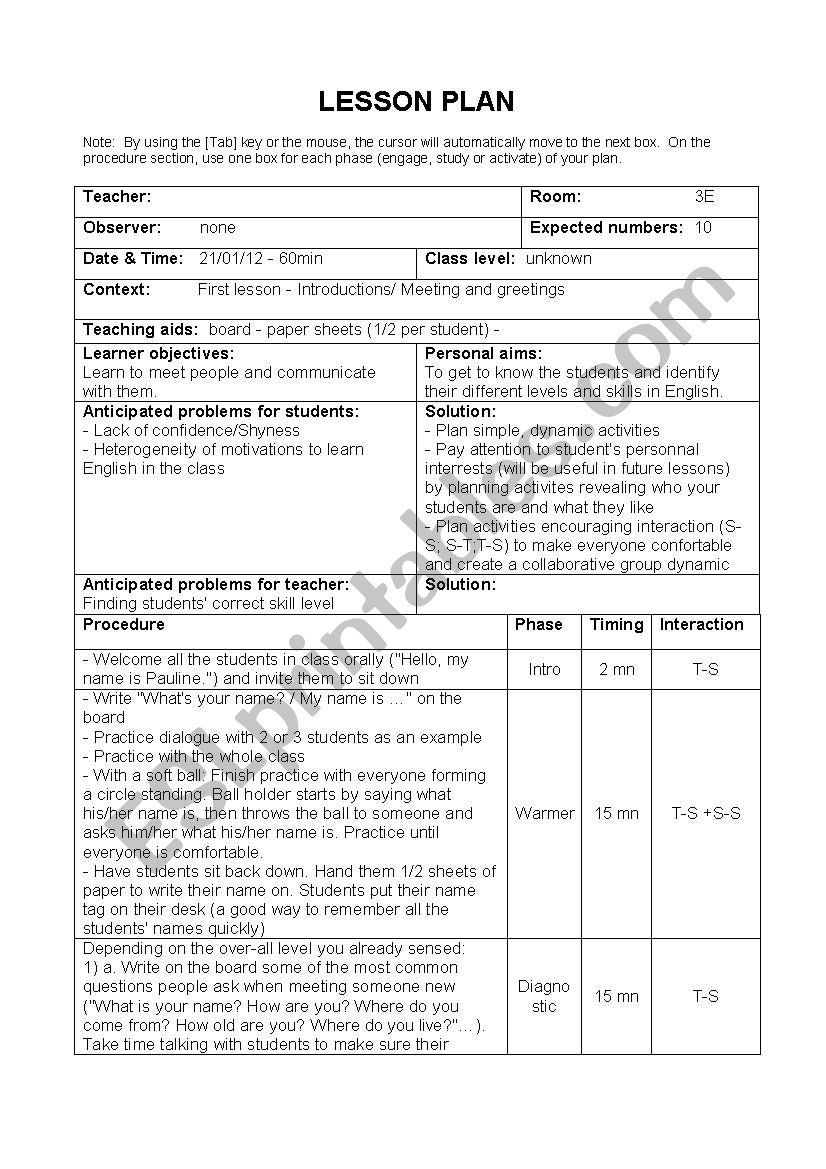 1st lesson - lesson plan worksheet