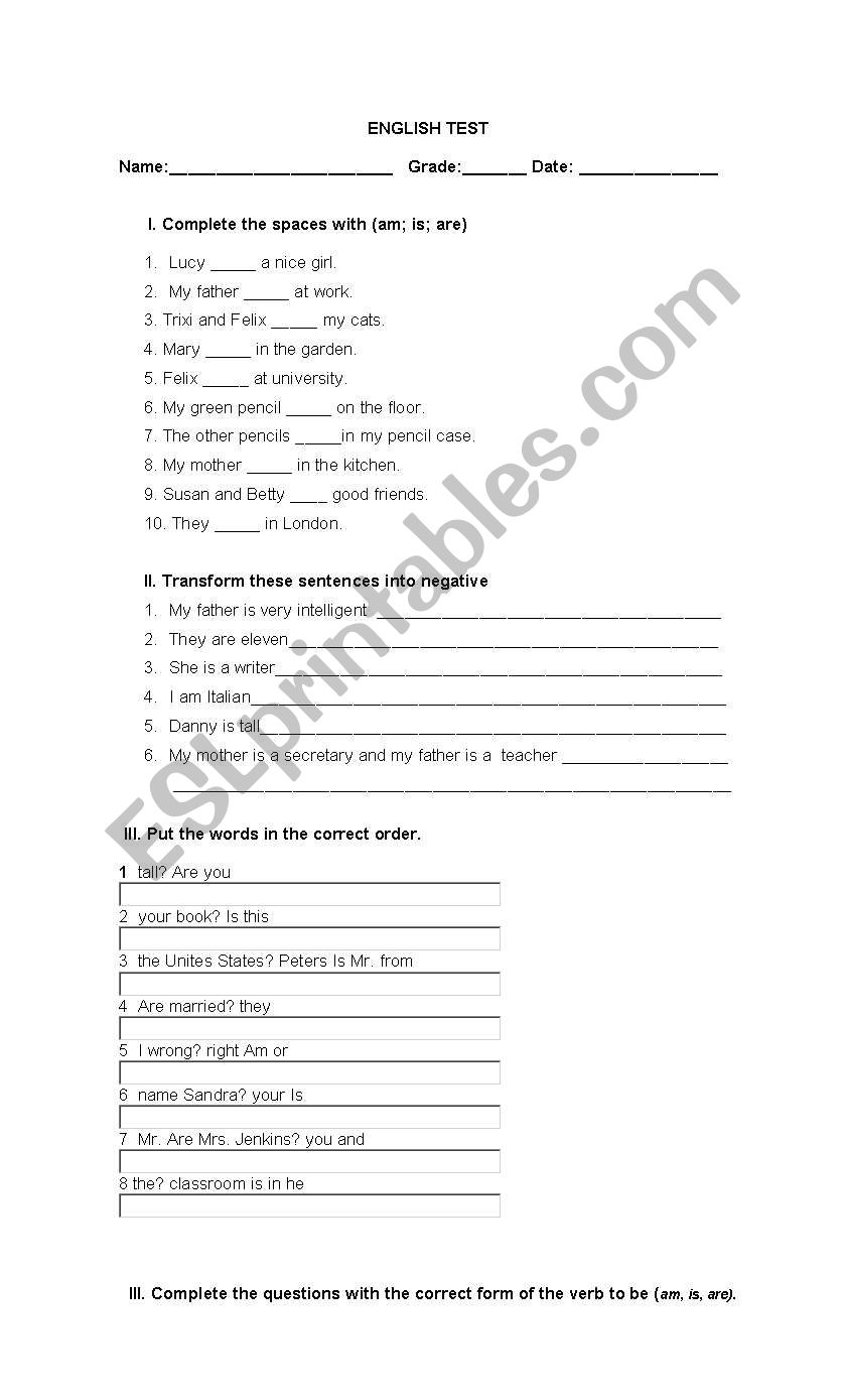 Verb To Be test worksheet