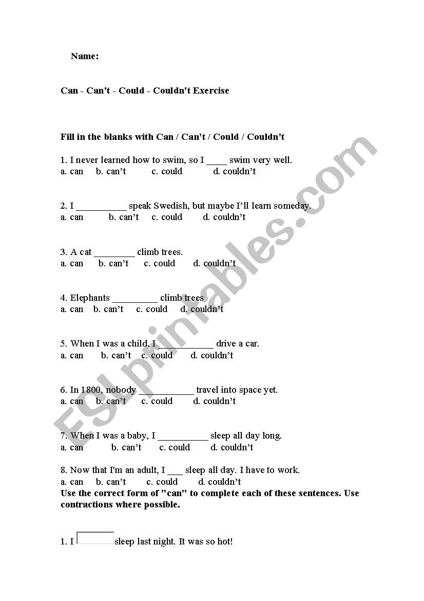 Could, Couldnīt, Can, Canīt Exercises Could, Couldnīt, Can, Canīt Exercises