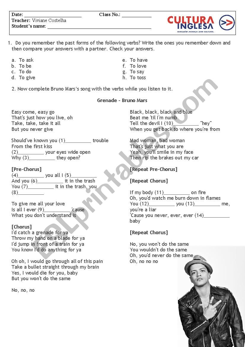 Bruno Mars - Grenade worksheet