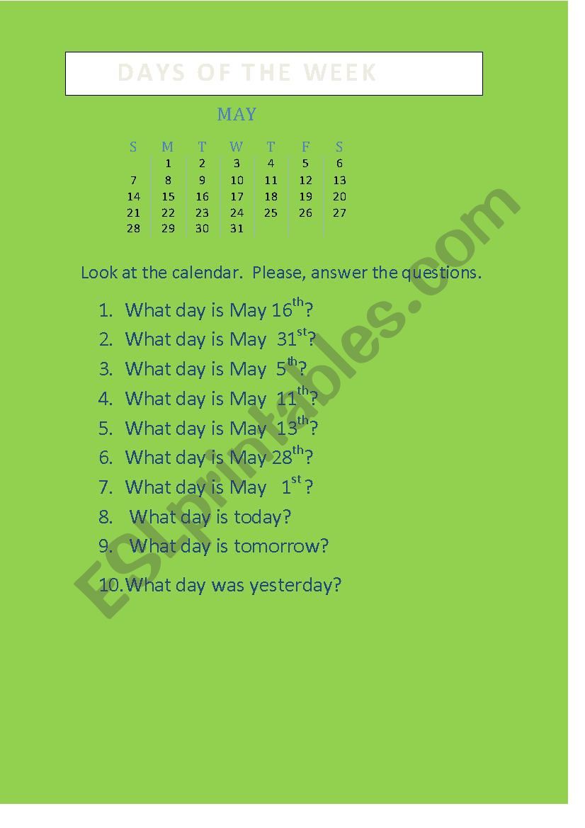 Days of the week worksheet