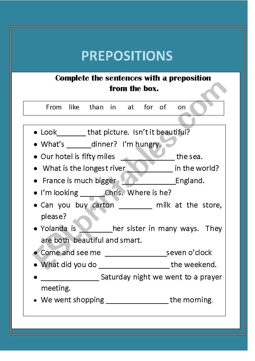 Prepositions worksheet