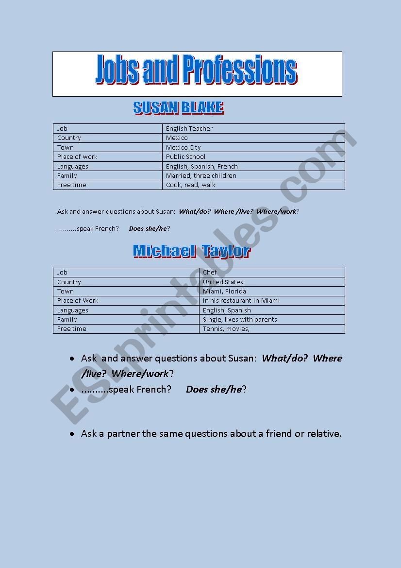 Jobs and profesions worksheet