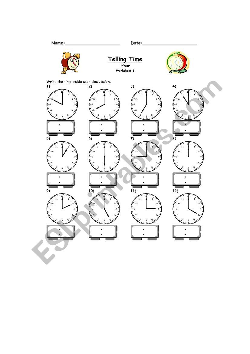 telling the time o clock esl worksheet by elguiri