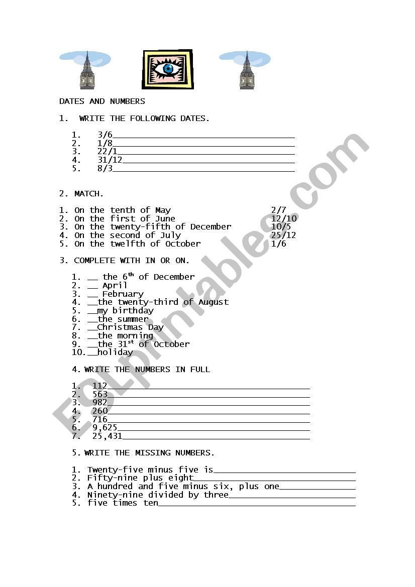 Dates and numbers worksheet