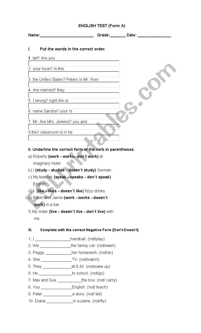 Tenses review TEST worksheet