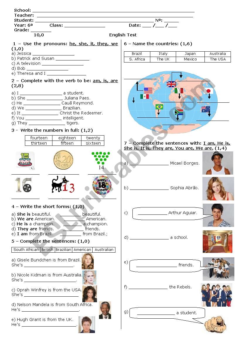 Test:: Personal Pronouns,verb to be, numbers, coutries and nationalities