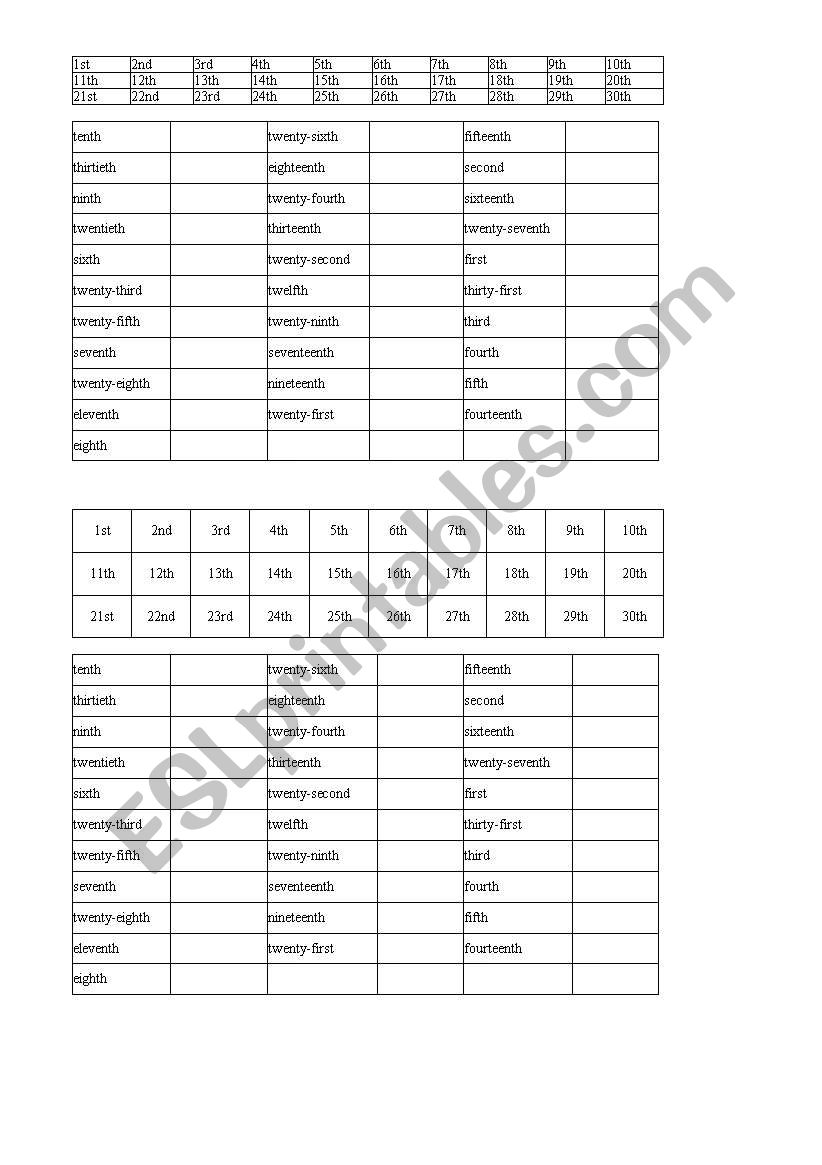 Ordinal Numbers worksheet