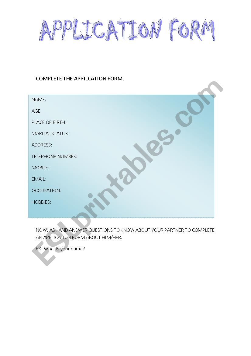 APPLICATION FORM worksheet