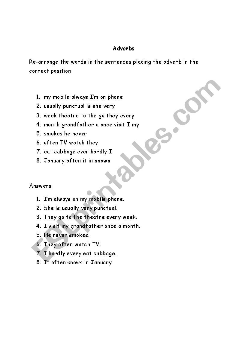 Advebs of frequency worksheet