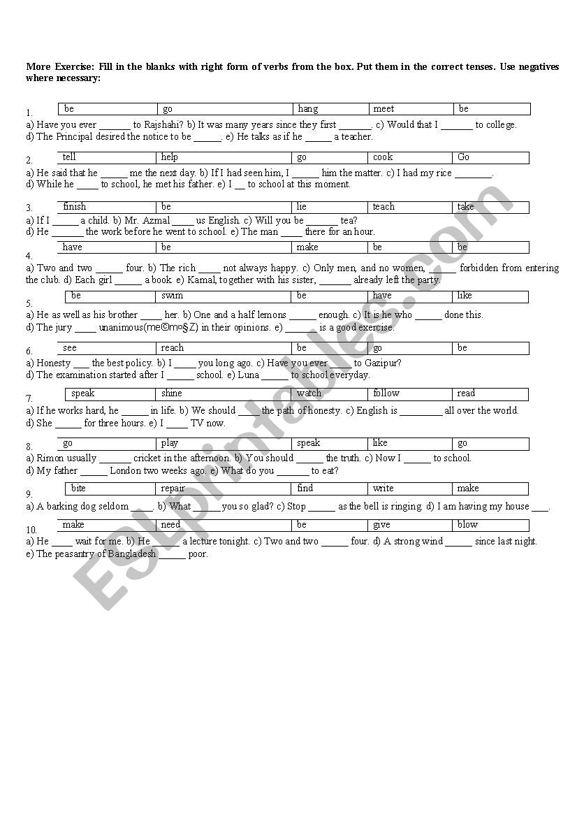 RIGHT FORM OF VERBS worksheet