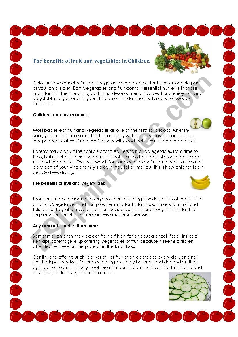 The Benefits of  fruits and vegetables in Children