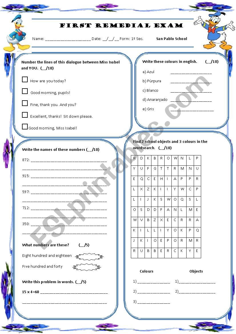 remedial exam worksheet