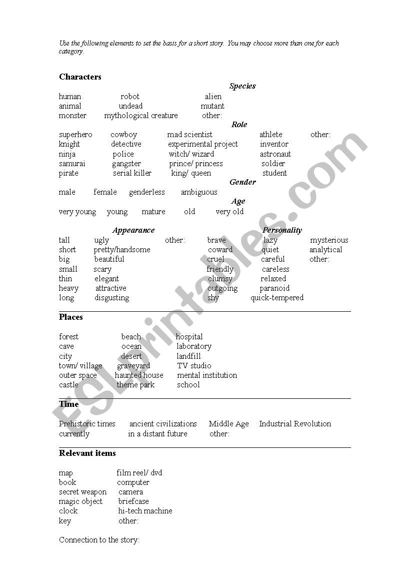 Ideas for a fictional story worksheet