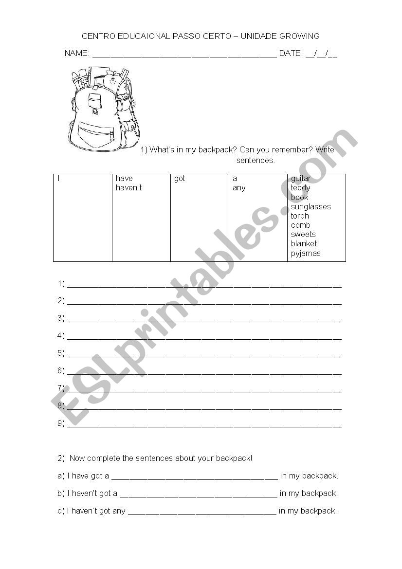 Whats in my backpack? worksheet