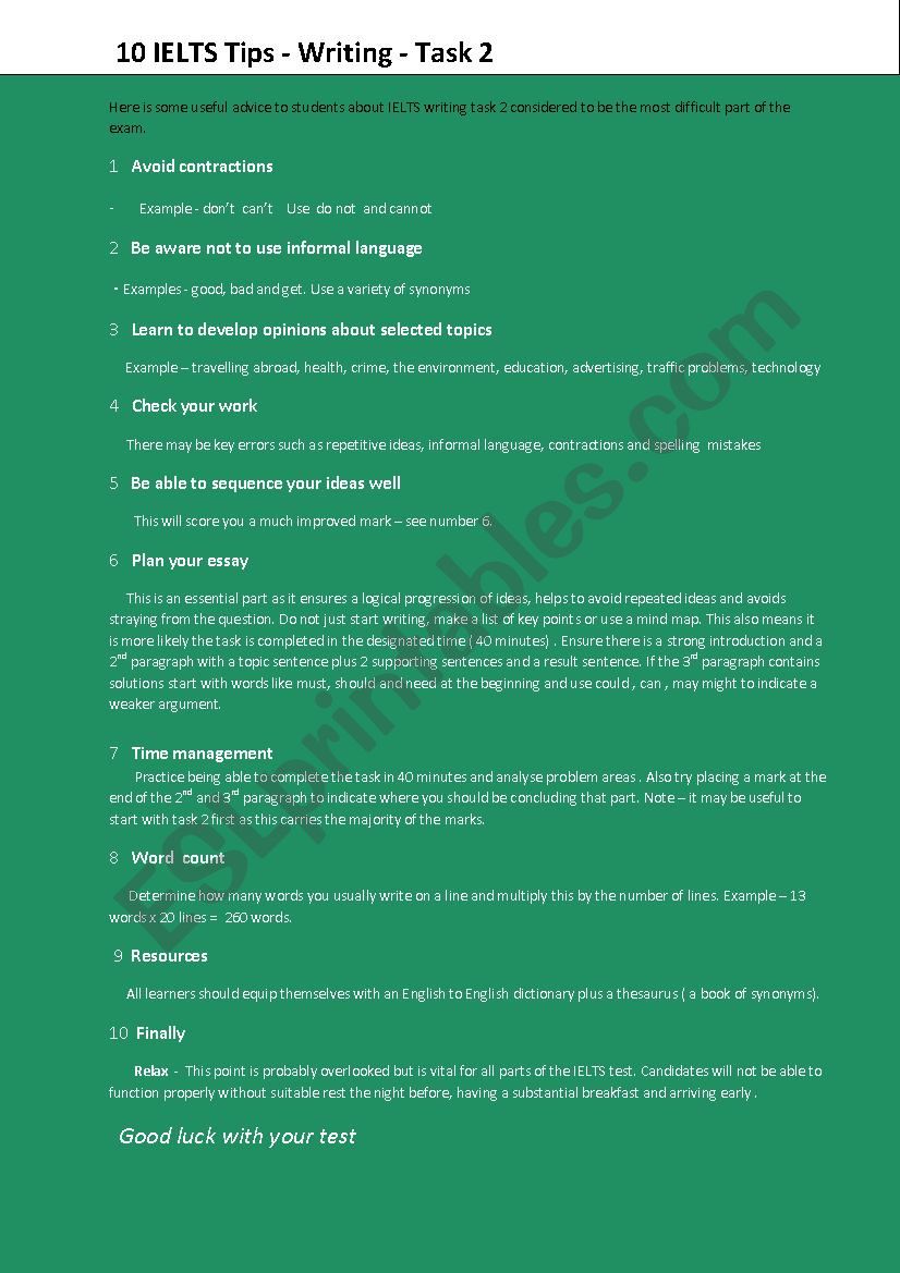 IELTS Writing Tips Task 2 worksheet