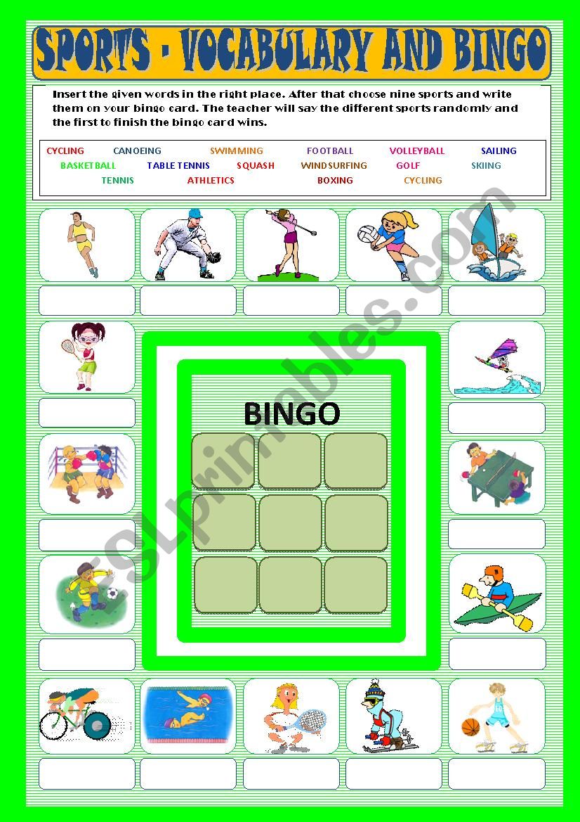 Sports - vocabulary and bingo worksheet