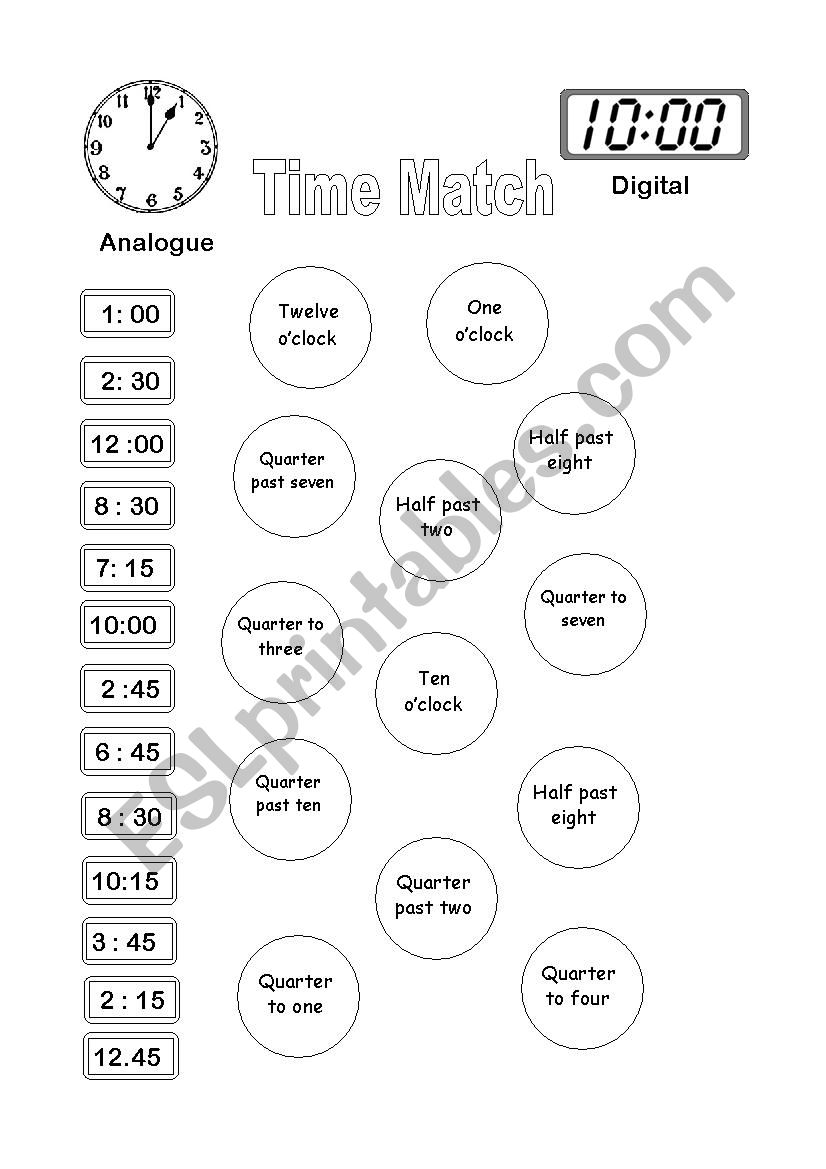 Time Match worksheet