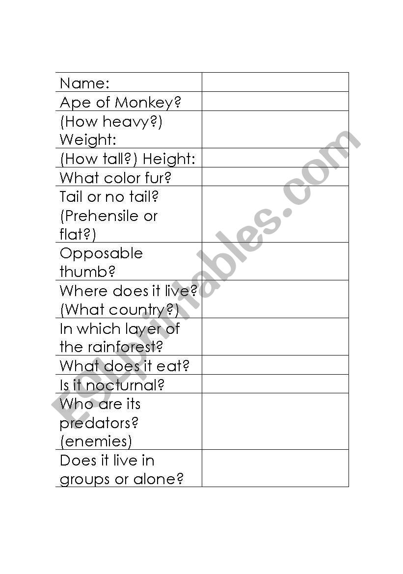 Primate Adaptations worksheet