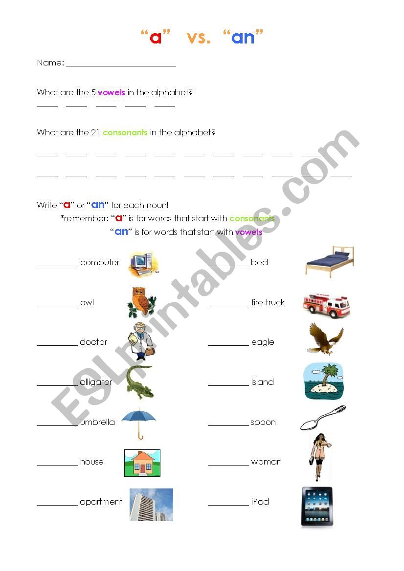 Articles - a, an, recognizing vowels and consonants