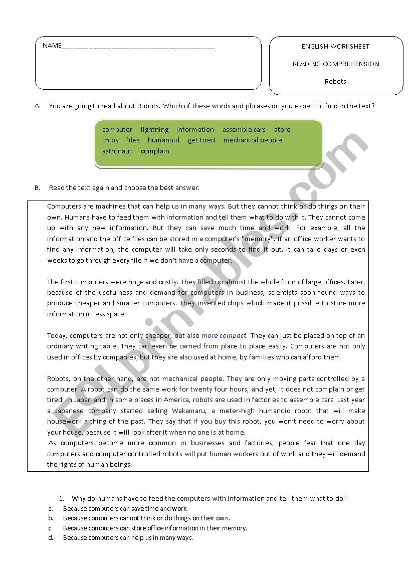 robots worksheet