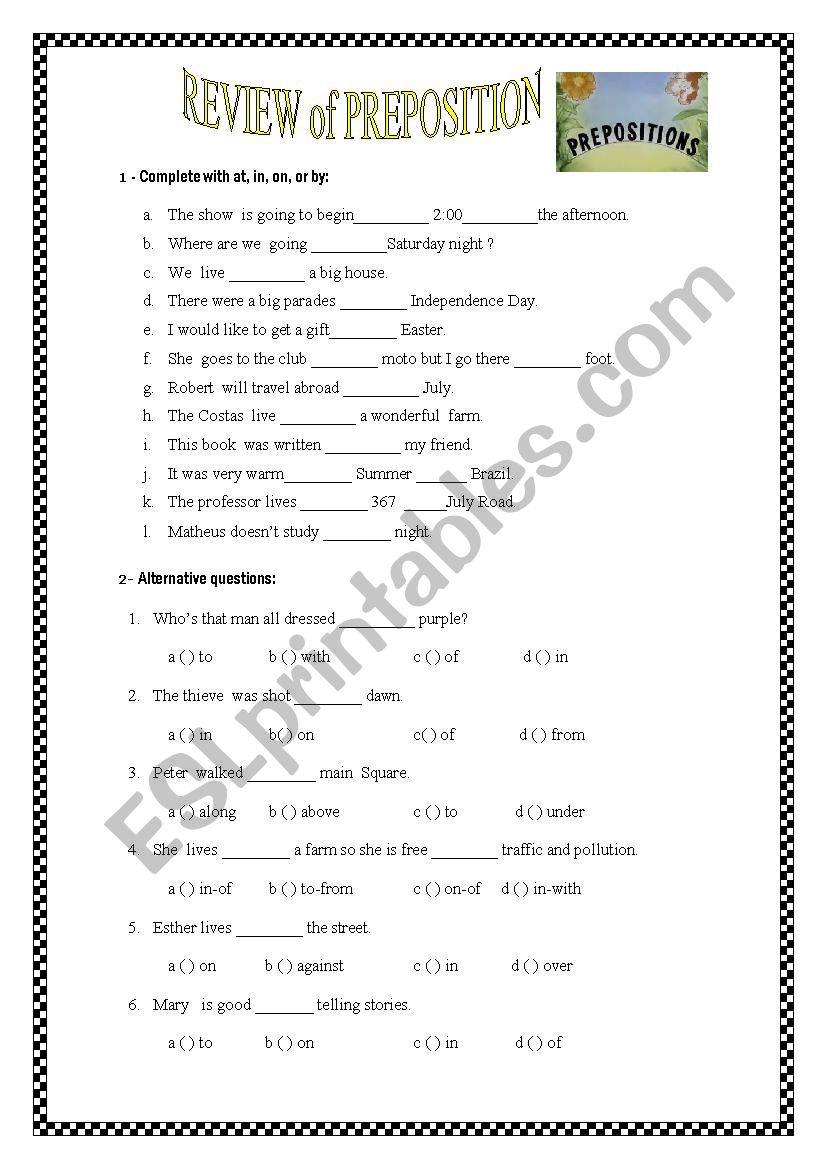 Prepositions- Review worksheet