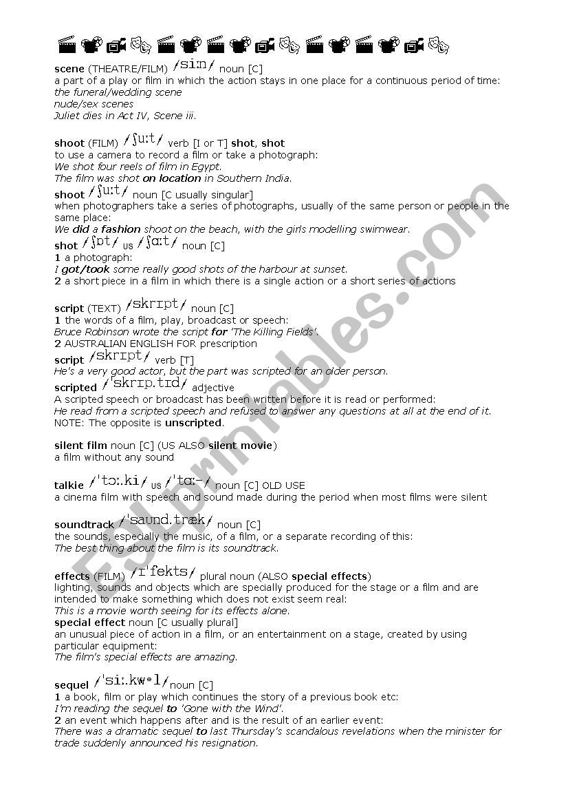 MOVIE TERMS CROSSWORD worksheet