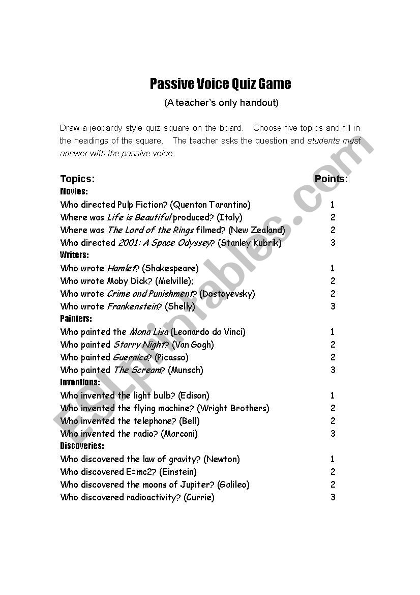 Passsive Quiz Game worksheet