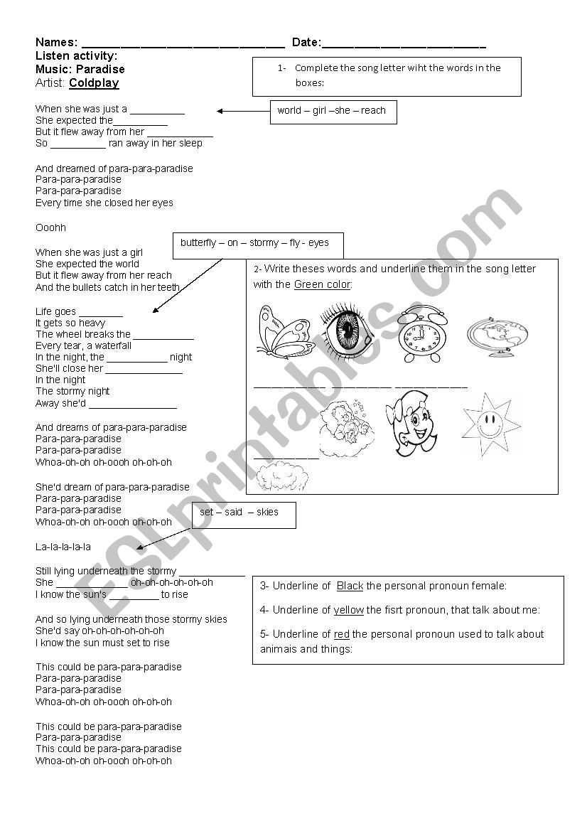 Paradise Song worksheet