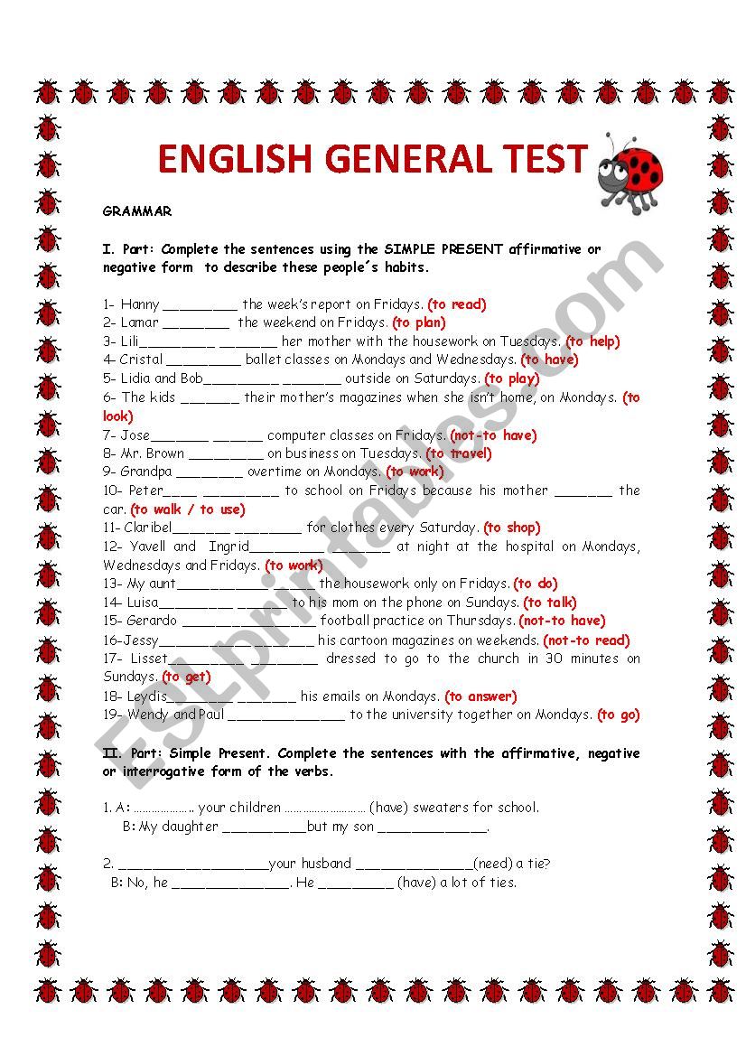 ENGLISH GENERAL TEST worksheet