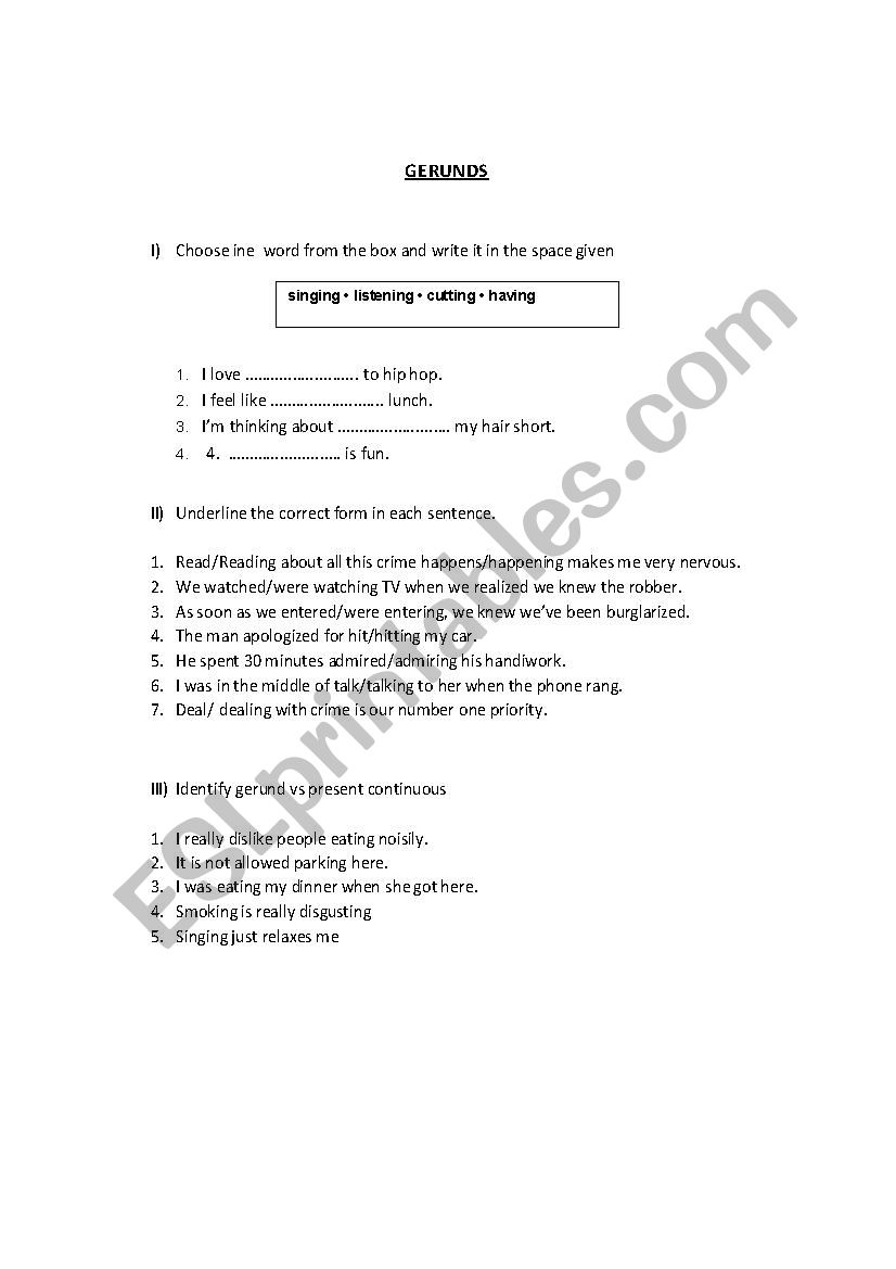Gerunds worksheet worksheet