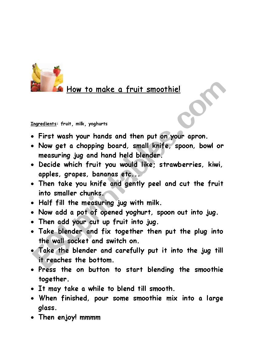 How to make a fruit smoothie worksheet