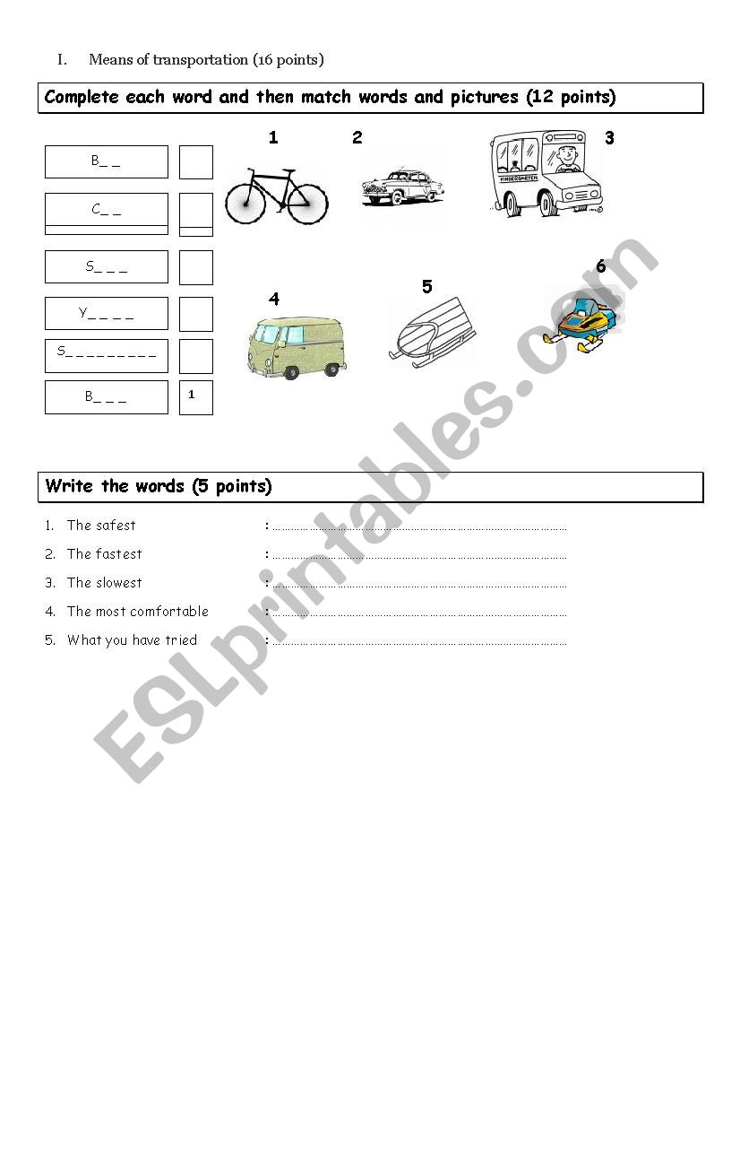 means of transportation  worksheet