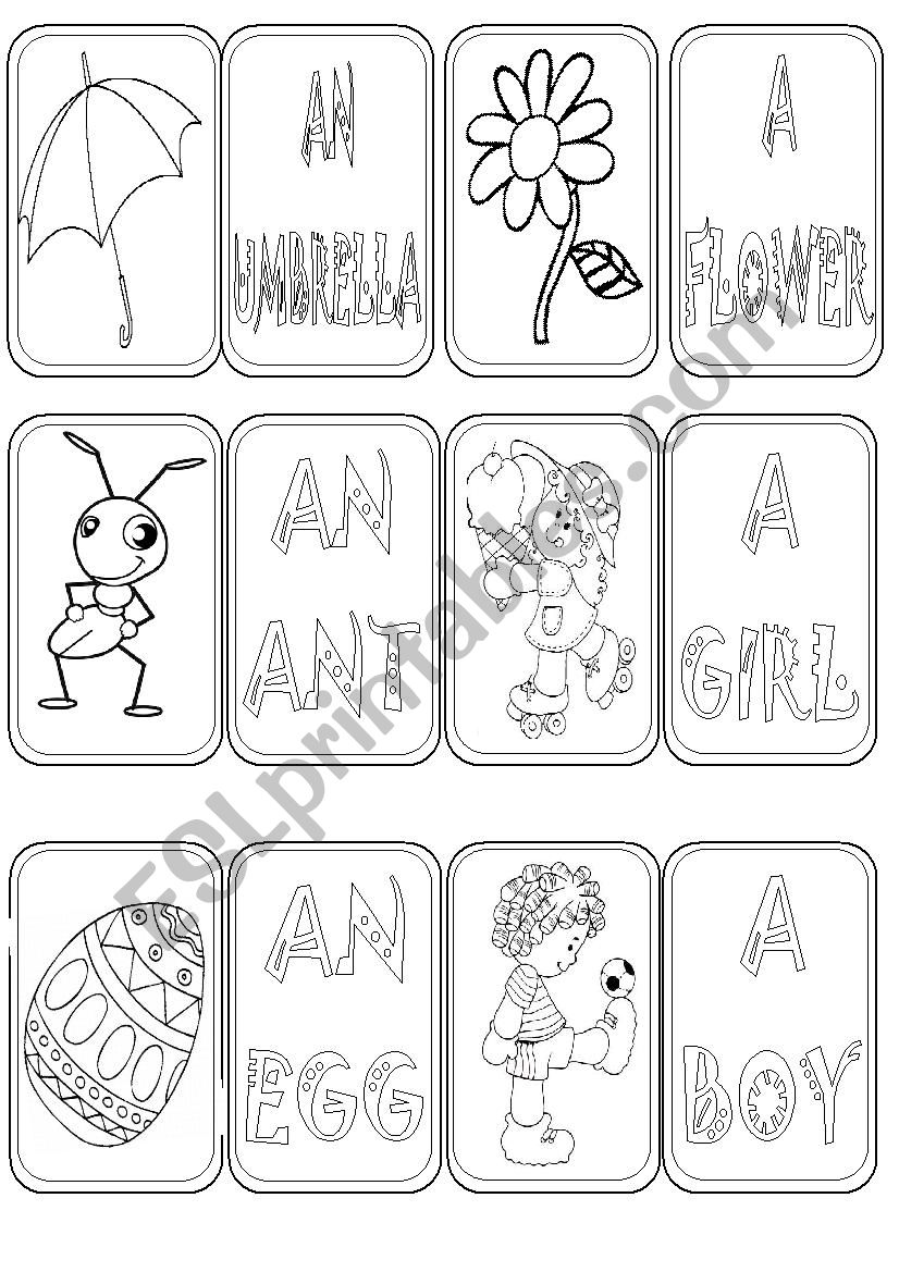 A / AN flash cards 2 / 4 B&W worksheet