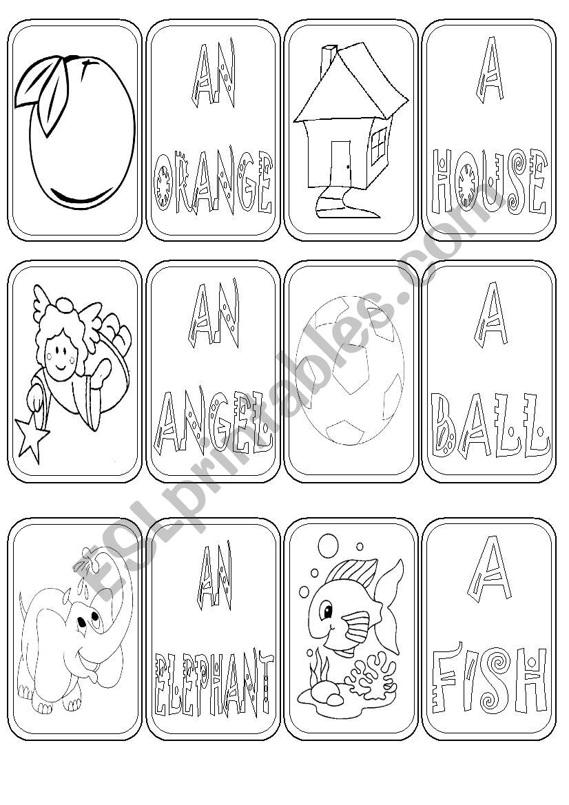 A / AN flash cards 3 / 4 B&W worksheet