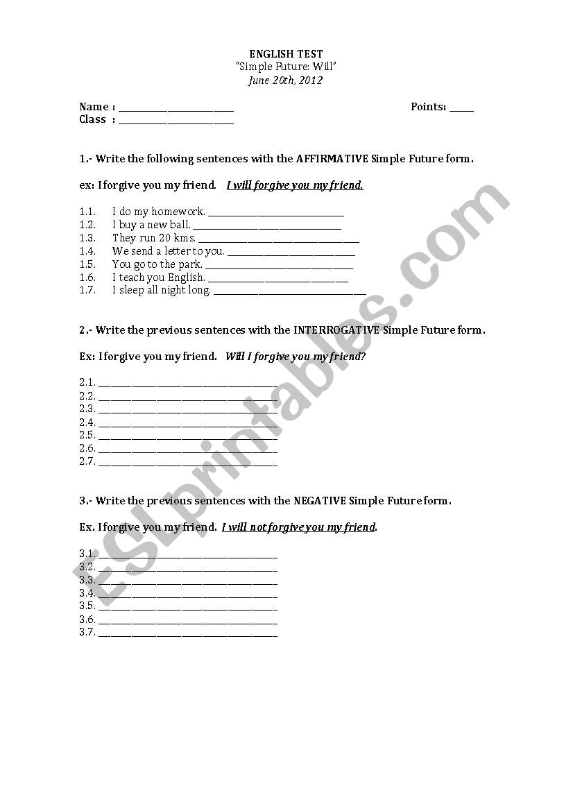 English Test : Simple Future Will