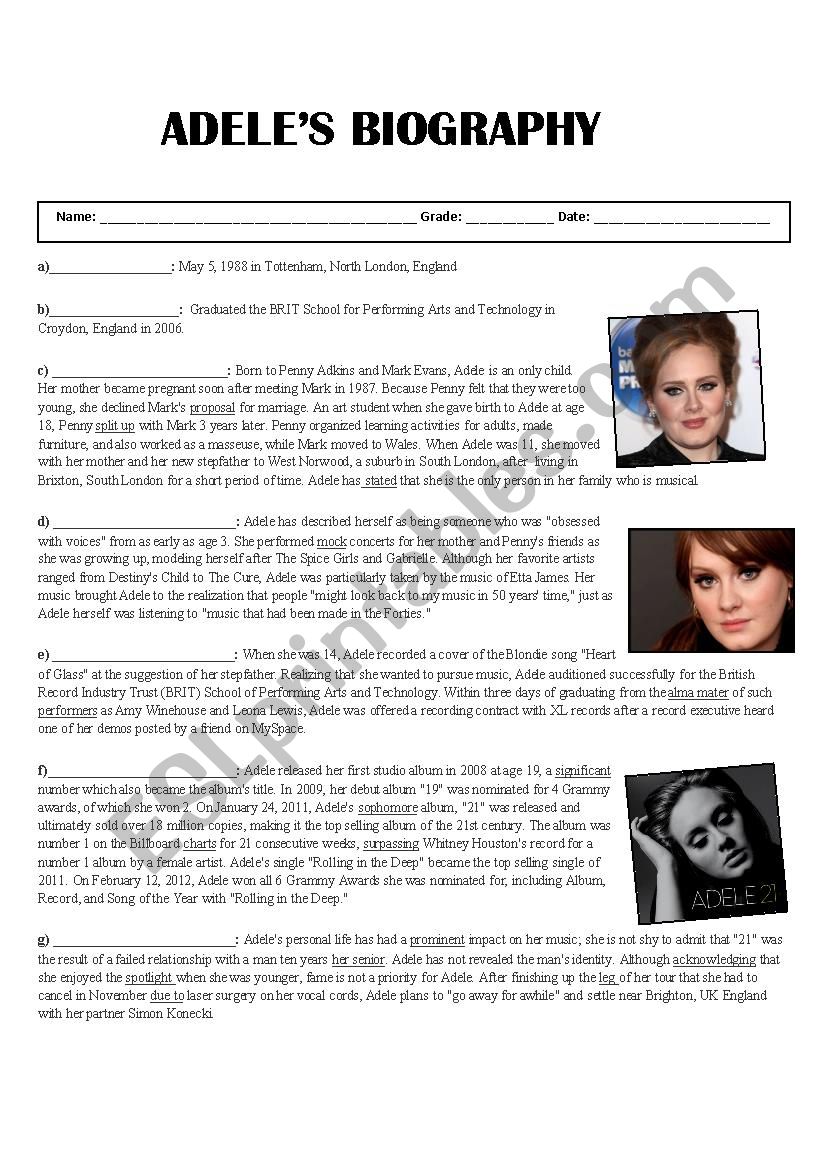 Adeles Biography worksheet