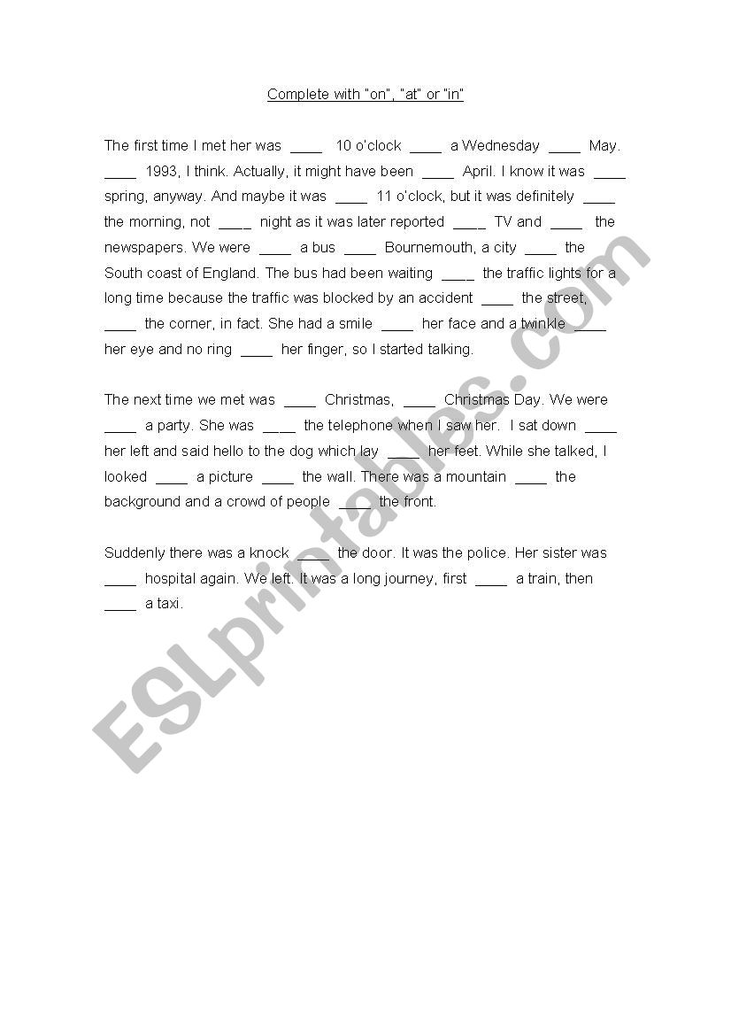 Gapfill for on at in. worksheet
